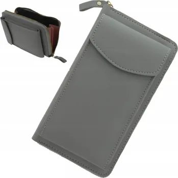 Pouzdro na mobilní telefon KABELKA SÁČEK PENĚŽENKA S POUZDRO NA TELEFON NA OPASKU KŮŽE ŠEDÁ