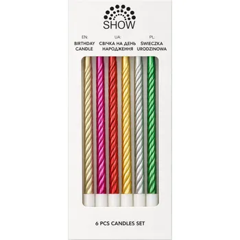 Dortová svíčka Narozeninové svíčky spirálové metalické mix barev 6 ks – dlouhé svíčky