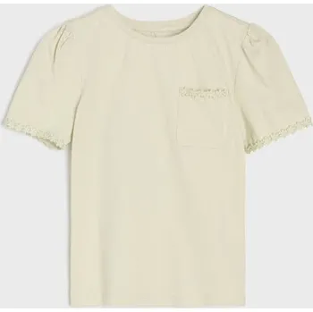 Sinsay - Bavlněné tričko s háčkovanými květinami a kapsou - zelená - 724DY-70X - 724DY-70X-140