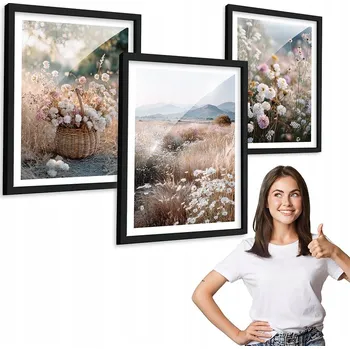 Obraz Sada 3 obrazů BOHO POLNÍ KVĚTY černý rámeček 50x70 triptych do kuchyně