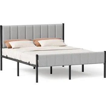 Nábytek Levná kovová manželská postel s čalouněným čelem 160x200 cm šedá