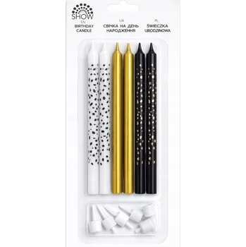 Dortová svíčka Elegantní narozeninové svíčky na dort černo-bílo-zlaté – sada 6 kusů