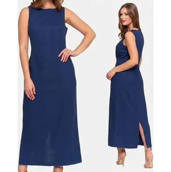 Dámské šaty ELEGANTNÍ DÁMSKÉ LNĚNÉ MAXI ŠATY S ROZPÍNÁKEM MORAJ MODRÉ L