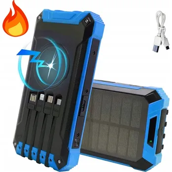 Powerbanka SOLÁRNÍ POWERBANKA 10000MAH SE 4 USB KABELY A SVÍTILNOU - MODRÁ