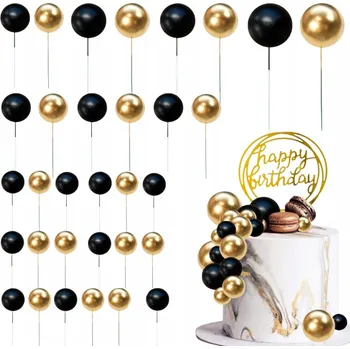 Party dekorace Černo-zlaté ozdoby na dort s kuličkami, sada 32 ks