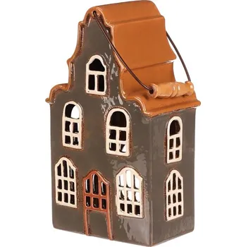 Svícen Šedý keramický patrový domeček na čajovou svíčku s hnědou střechou Barva: šedá