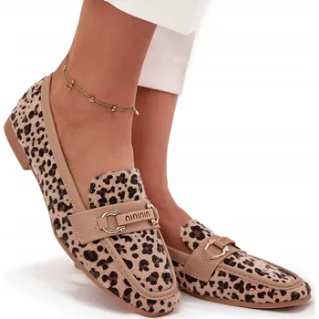 Dámské mokasíny Dámské mokasíny loafers s ozdobným prvkem panterky, plochý podpatek, béžové, velikost 36