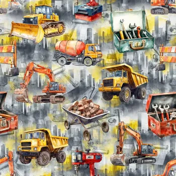 Úplet, Stavební pomůcky a stroje, šedožlutá (E) (Top kvalitní úplet Bella digitisk)