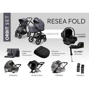 Kočárek Moon SET MAXI ORBIT ReSea FOLD GRAPHITE včetně adaptérů, pláštenky, nánožníku black, přebalovací tašky, moskytiéry, sluneční clony, autosedačky a báze IQ ORBIT