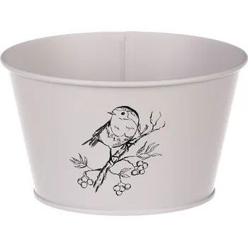 Obal na květináč Kovový obal na květiny 15,5 cm, krémový, motiv ptáčka, odolný Barva: šedá