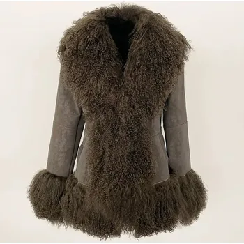 Dámský kabát Luxusní kabát z mongolské kožešiny s králičí podšívkou - Hnědý M Barva: Hnědá, Velikost: M