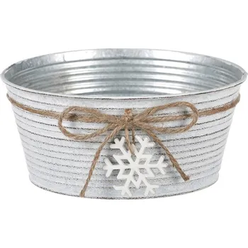 Stojan na květiny Bílý kovový obal na květiny s dřevěnou vločkou - kulatý, nízký Barva: bílá