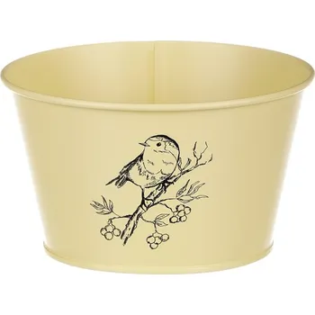 Obal na květináč Kovový obal na květiny 15,5 cm, krémový, motiv ptáčka, odolný Barva: Žlutá