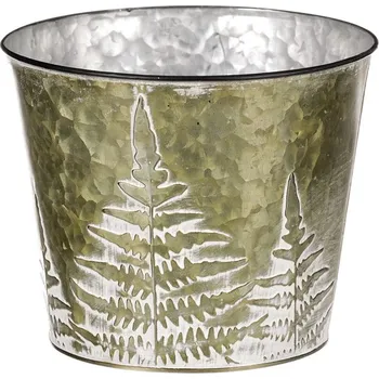 Stojan na květiny Lesklý zelený kovový obal na květiny s motivem kapradin, 30 cm Barva: Zelená