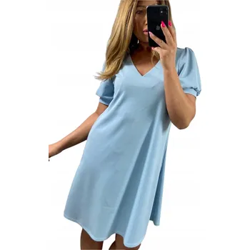 Dámské šaty V657 ŠATY KRÁTKÝ RUKÁV HLADKÝ VÝSTŘIH V-NECK SVĚTLE MODRÁ vel. 50 (5XL)
