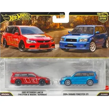 auto na autodráhu Hot Wheels Premium Car Culture TwinPack 2005 Mitsubishi Lancer EVO IX Wagon a 2004 Subaru Forester STI