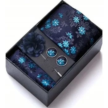 Kravata PÁNSKÁ SADA hedvábná kravata manžetové knoflíčky kapesníček boutonniere Vánoce + KRABIČKA