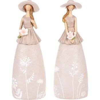 Elegantní dáma v klobouku - polyresin, béžové květinové šaty, mix 2 ks Barva: Béžová