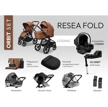 Kočárek Moon SET MAXI ORBIT ReSea FOLD COGNAC včetně adaptérů, pláštenky, nánožníku black, přebalovací tašky, moskytiéry, sluneční clony, autosedačky a báze IQ ORBIT