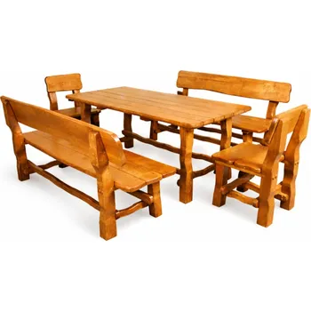 Zahradní sestava Zahradní set MAX 1+2+2 – dřevěný stůl, 2 lavice a 2 židle z masivu barevné odstíny zahradní: dub Masiv | Rustikální styl | Stůl + 2 lavice + 2 židle