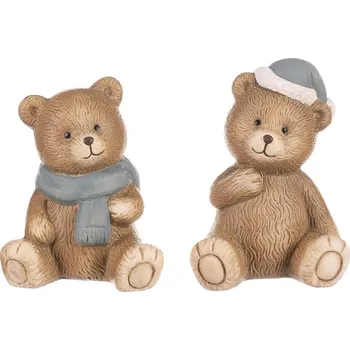 Vánoční dekorace Hnědý keramický medvěd sedící s čepicí a šálou - mix 2 ks Barva: Hnědá