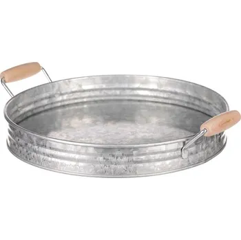 Kovový aranžovací tác s dřevěnými úchyty, stříbrný, pozinkovaný Barva: Stříbrná