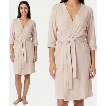 Dámský župan DÁMSKÝ KRÁTKÝ ŽUPAN S KAPSY PRUHOVANÝ PLUS SIZE MORAJ BÉŽOVÝ XXL