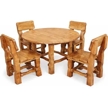 Zahradní sestava Zahradní set MAX 1+4 – kulatý stůl a 4 dřevěné židle z masivu barevné odstíny zahradní: přírodní lák Masiv | Rustikální styl | Set stůl + 4 židle
