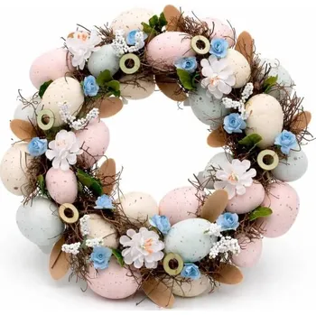 Vánoční ozdoba DECOLED Velikonoční věnec 30 × 30 × 8 cm modré kvítky