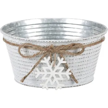 Stojan na květiny Kovový obal na květiny - kulatý, bílý s dřevěnou vločkou 20 cm Barva: bílá