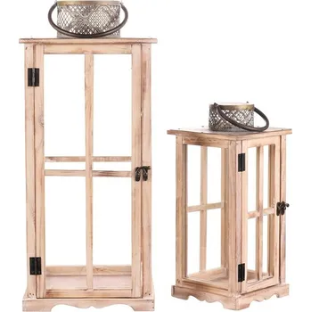 Lucerna Dřevěná lucerna čtyřboká s kovovým madlem - sada 2 ks, přírodní elegance Barva: Přírodní