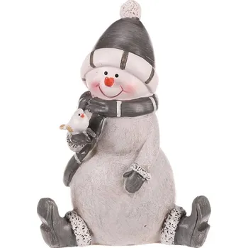 Vánoce Šedý polyresiový sněhulák - sedící figurka s čepičkou pro zimní dekoraci Barva: šedá