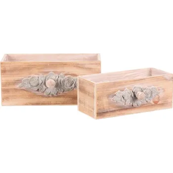 Obal na květináč Rustikální dřevěný obal na květiny - šuplík, sada 2 ks s ornamentem Barva: Přírodní