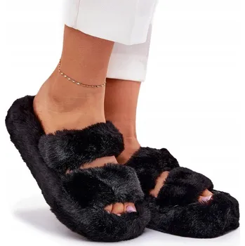 Dámské pantofle PANTOFLE DÁMSKÉ KOŽÍŠKOVÉ NA PLATFORMĚ TEPLÉ POHODLNÉ ČERNÉ 38