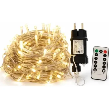 Vánoční dekorace DECOLED LED světelný řetěz venkovní 20 m, teple bílý, 100 diod, transparentní IP44, vč. zdroje a dálkového ovládání