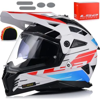 Helma na motorku Přilba LS2 MX702 Pioneer II Namib Bílá Modrá Červená homologace 22.06