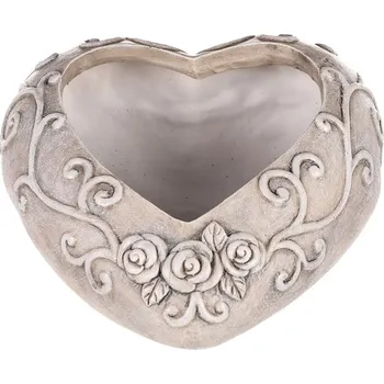 Květinový obal srdce s růžemi, šedý polyresin, elegantní dekorace Barva: šedá