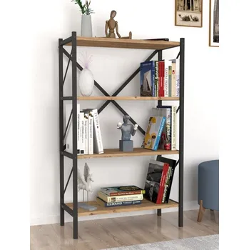 Obývací stěna Moderní regál KEPLER z borovice a černého kovu, 66x34x121 cm