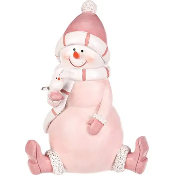 Vánoční dekorace Šedý polyresiový sněhulák - sedící figurka s čepičkou pro zimní dekoraci Barva: Růžová