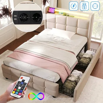 Postel Čalouněná postel s LED, USB nabíjením a 2 zásuvkami 90x200 + Matrace