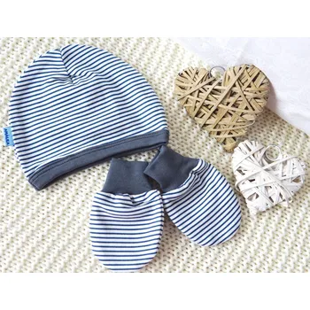 Kojenecká čepice AMÁLKA Bavlněná čepička saporka, šedé pruhy + rukavičky Velikost: 56-62