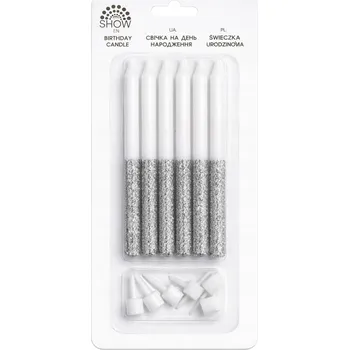 Dortová svíčka Narozeninové svíčky stříbrné s třpytkami 6 ks + podstavce