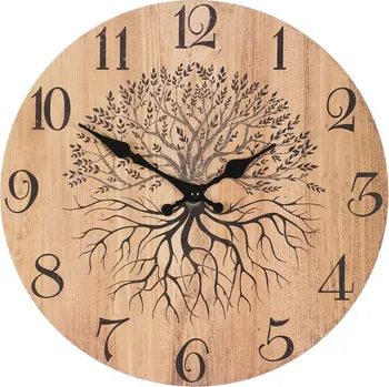 Hodiny Dřevěné nástěnné hodiny 34 cm s motivem stromu života, MDF Barva: Hnědá