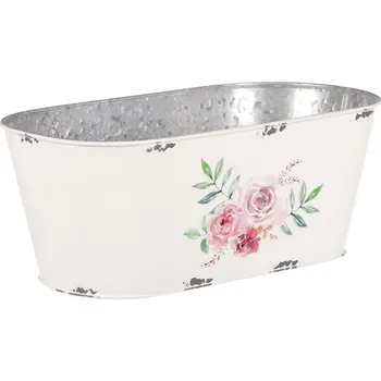 Obal na květináč Bílý oválný kovový truhlík s růžemi – elegantní obal na květiny Barva: bílá