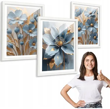 Obraz Sada 3 obrazů, motiv MODRÉ KVĚTINY, bílý rámeček 30x40 cm, provedení plexisklo, triptych