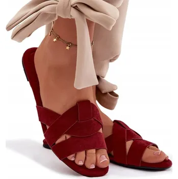 Dámské pantofle NAZOUVÁKY DÁMSKÉ EKO SEMIŠOVÉ PLOCHÉ S PÁSKY BORDOVÉ 38