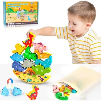 Dřevěná hračka Drewniana Zabawka Magnetyczna 3+ Dřevěná magnetická hračka 3+ Montessori puzzle Barevní dinosauři
