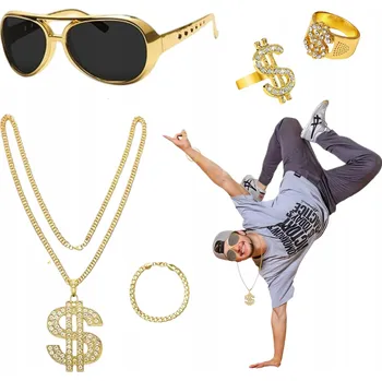 Náramek SADA 5 DOPLŇKŮ GANGSTERA 90. LET – ZLATÝ ŘETĚZ, BRÝLE, NÁRAMEK, PEČETNÍ PRSTEN