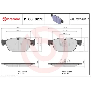 Brzdová destička Sada brzdových destiček, kotoučová brzda BREMBO P 86 027E