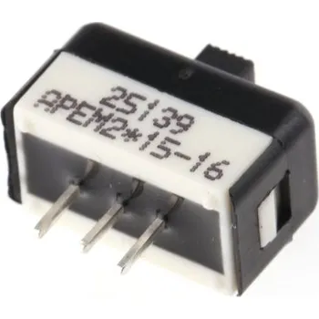 vypínač Posuvný spínač Plošný spoj Jednopólový dvoupolohový (SPDT) Zap-vyp-zap 1 A při 30 V DC, typ ovladače: posuvný